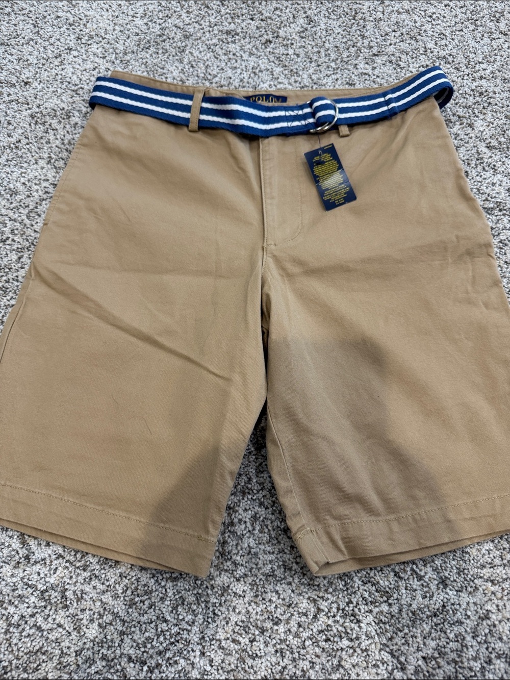 Polo by Ralph Lauren Tan Flat-Front Shorts with Blue-White Striped Belt
